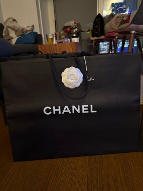 CHANEL BIG Black Shopping Tote with White Camellia Accent